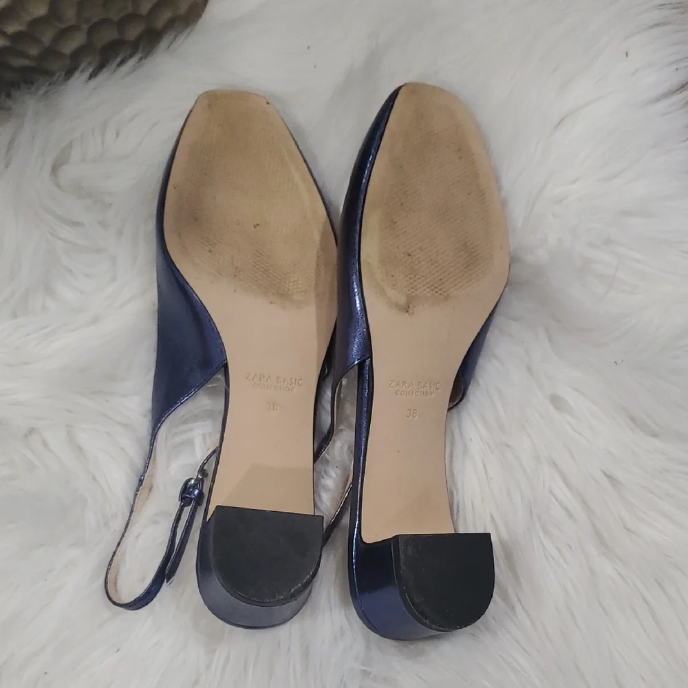 Zara Women's Shiny Blue Slingback Heels - Picture 8 of 12